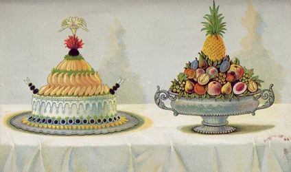 Design for the Presentation of Pullet Chicken with Mayonnaise and Aspic on a Bed of Butter and Ice and Fruit, Illustration from a Hungarian Cookery Book on French Cooking, c.1880