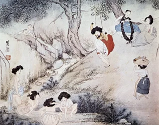 Women Outdoors and Two Men Watching Them