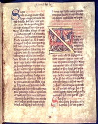 Historiated initial from the beginning of a chapter on seafaring and trade, copy of an original 14th century law collection Jonsbok