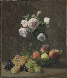 Vase of Roses, Peaches and Grapes