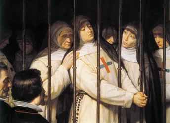 Portrait of Marcela de San Felix, nun, poet and actress, daughter of Lope de la Vega, at the funeral of her father, supported by the other sisters of the Order of Trinitaries (detail)