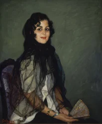 Angustias de Blanco with Black Mantilla and Fan - 20th Century - Oil on Canvas - 95 x 79 cm