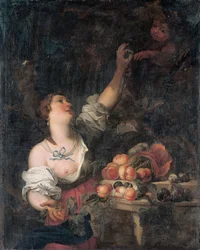 A woman picking grapes and a putto by a Classical pedestal adorned with fruit