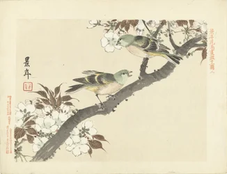 Two Green Birds on a Blossoming Branch (Flower and Bird Sketches by Keinen)
