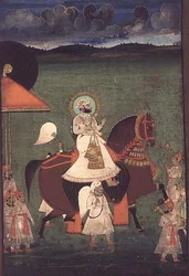 Rana Sarup Singh (1842-61) of Mewar rides upon a chestnut stallion, his retainers on foot carry sunshades and royal accoutrements, Udaipur, c.1855