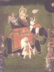 Rana Jawan Singh of Mewar rides upon a caparisoned elephant, c.1835