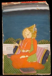 A Bejeweled Dignitary, Wearing a Plumed Turban, Holding a Lotus Bud, Sitting on a Terrace