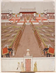 A Nawab Holding Court Within a Pavilion, Beyond an Avenue of Retainers and Two Elephants