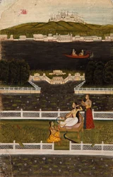 A beautiful woman on a lake terrace