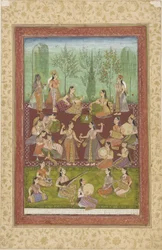 A group of women in a garden, entertaining themselves with music and dancing