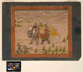 A lion attacks a hunting party atop an elephant, c.1810