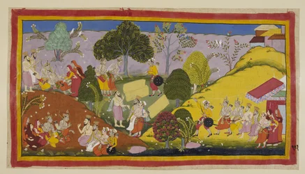 On the left Bharata, in his extreme distress, faints after hearing Guha