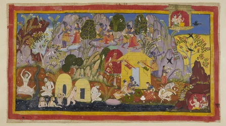 Meanwhile, all is peaceful with the exiles in their abode on the Citrakuta mountain. Rama points out its beauties Sita - the many varieties of lovely trees and birds, the rocks coloured by gems and minerals, and the Mandakina river w
