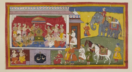 In the throne room at Nandigrama, Bharata places on the throne Rama