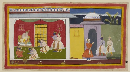 Rama and Laksmana on the right, with Rama now changed into contemporary court costume, approach the gate of Kaikeyi