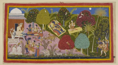 At the top centre, the three spend the night in the forest. Sita and Rama lie on one mat, his sword and bow beside him, while Laksmana seated on his mat reproves Rama for giving way to grief