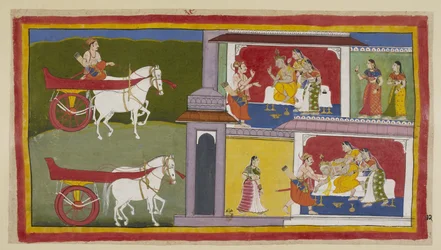 On the Left, Sumantra Returns to Ayodhya and Enters the Palace to Give Rama