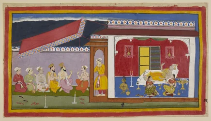 Dasaratha lies on his bed in his chamber, the two queens seated beside him, all three in the attitude of conversing, while they try to console one another. Outside the room, Brahmins and ministers are in conversation with Sumantra.