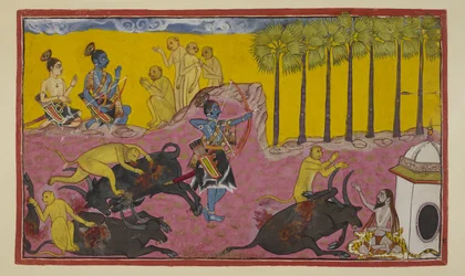Sugriva and his monkeys, seen at the top on the left, continue to tell Rama and Laksmana the story of Bali and Dundubhi