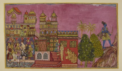 Sugriva is installed as king in the palace, and Angada as crown prince and heir to the kingdom of Kiskindha, with Laksmana present, while Rama retires to Mount Prasravana to spend the rainy season there