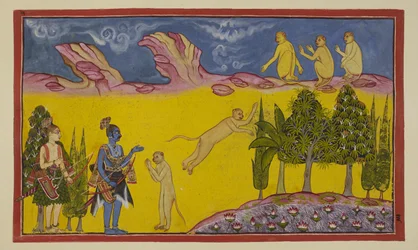 Sugriva is at first frightened, thinking that these armed warriors have been sent by his usurping brother Bali to destroy him. He sends his sagacious minister Hanuman to find out more about the two strangers