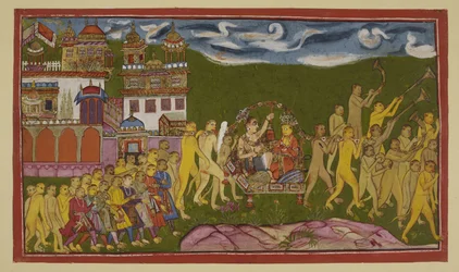 Sugriva and Laksmana are conveyed in a golden litter, borne by monkeys, from Kiskindha