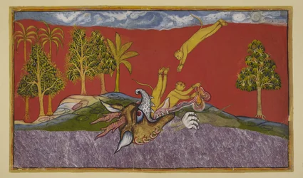 Hanuman dives into the mouth of the demoness Simhika