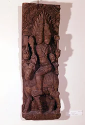 Agni, god of fire, depicted with two heads on a ram, according to Hindu mythology. Wood sculpture of the 17th century. Paris, Musée Guimet