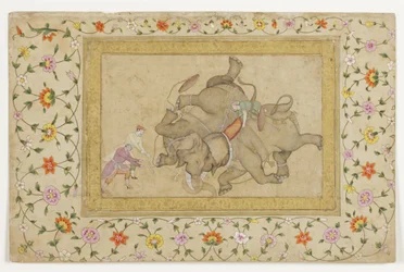 An elephant combat, with border floral arabesque