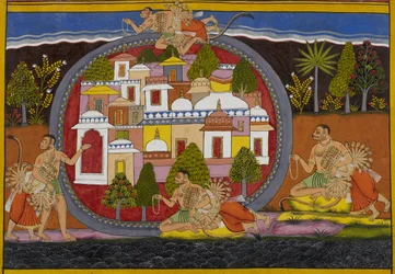 Bali and Ravana perform rituals, fly together, and approach Kishkindha