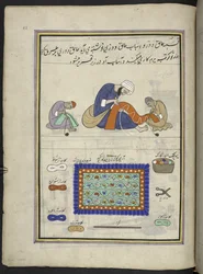 Craftsmen embroidering felt rugs (namda), 86 drawings bound into a volume depicting trades and occupations in Kashmir, Craftsmen are shown at work with their implements and equipment, By a Kashmir artist, probably at Srinagar