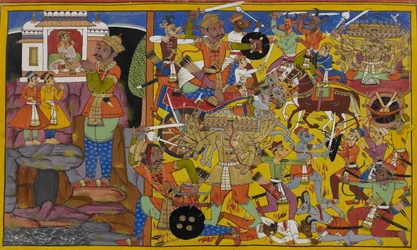 Dhanada sends Manibhadra to battle Ravana, shown fighting fiercely
