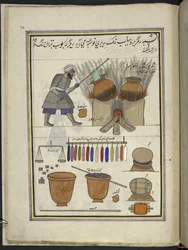 Dyer at work dying cloth, 86 drawings bound into a volume depicting trades and occupations in Kashmir, Craftsmen are shown at work with their implements and equipment, By a Kashmir artist, probably at Srinagar, c.1850-60