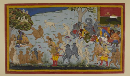 Hanumān and Vibhīṣaṇa Bring Wounded Lakṣmaṇa to Rāma, Who Heals Him