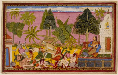 Hanumān attacks the demons, destroys the pleasure garden, and defeats Rāvaṇa