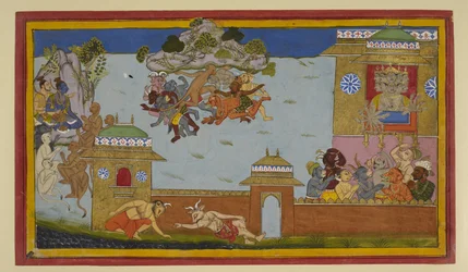 Hanuman fends off demons; Rama and Ravana watch