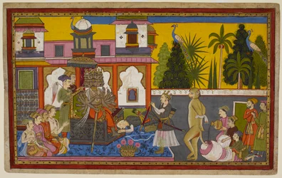 Hanuman is captured by Ravana, humiliated, but escapes and sets fire to the city with his blazing tail. 1653