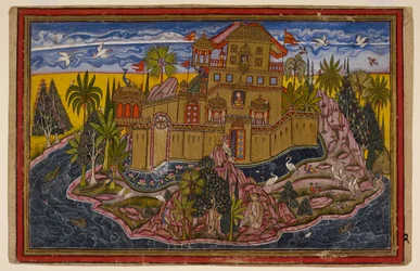Hanuman, now his normal size, observes the golden city of Lanka