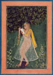 Hindoo lady reading a love letter under a tree