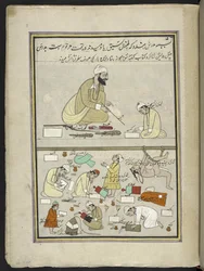 Hindu teacher with pupils, 86 drawings bound into a volume depicting trades and occupations in Kashmir, Craftsmen are shown at work with their implements and equipment, By a Kashmir artist, probably at Srinagar