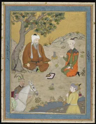 Holy man with prince and attendants, detached album folio with painting