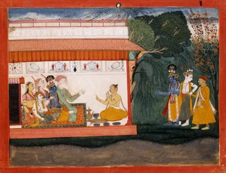 Illustration to the Bhagvata Purana Depicting Balarama Taking Akrura by the Hand with His Younger Brother Krishna