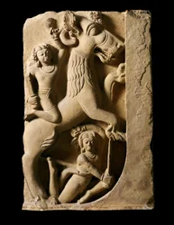 Indian Art: Griffon with two warriors. Gupta Dynasty (320-600 AD) From Sarnath.