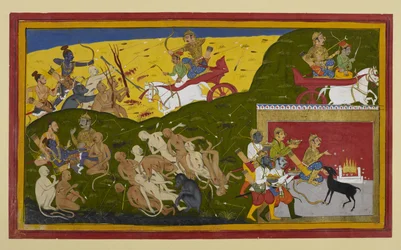 Indrajit fights while Rama grieves Sita’s death, comforted by Lakshmana and Vibhishana