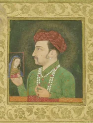 Jahangir holding a picture of the Madonna, inscribed in Persian: Jahangir Shah, Mughal