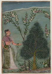 Lady in the wilderness, fragment of a page from a Bhagavata Purana series, c.1590-1600