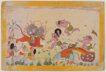 Mahasura attacks the Devi, folio from a dispersed Devi Mahatmya series