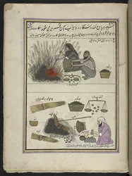 Men and women roasting water-chestnuts, 86 drawings bound into a volume depicting trades and occupations in Kashmir, Craftsmen are shown at work with their implements and equipment, by a Kashmir artist, probably at Srinagar, c.1850-60