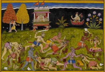 Narada urges Ravana to challenge Yama instead of mortals, as demons ravage forest rishis