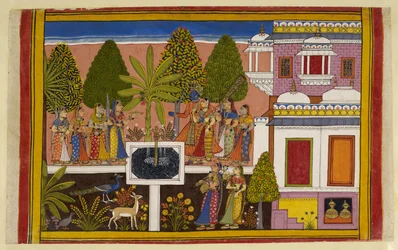 Rama and Sita Relax in the Ashoka Grove, Enjoying Wine and Music, Surrounded by the Lush Garden